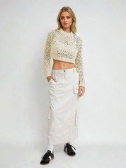 Kotty Women Self Design Round Neck Full Sleeves Cotton Crop Top