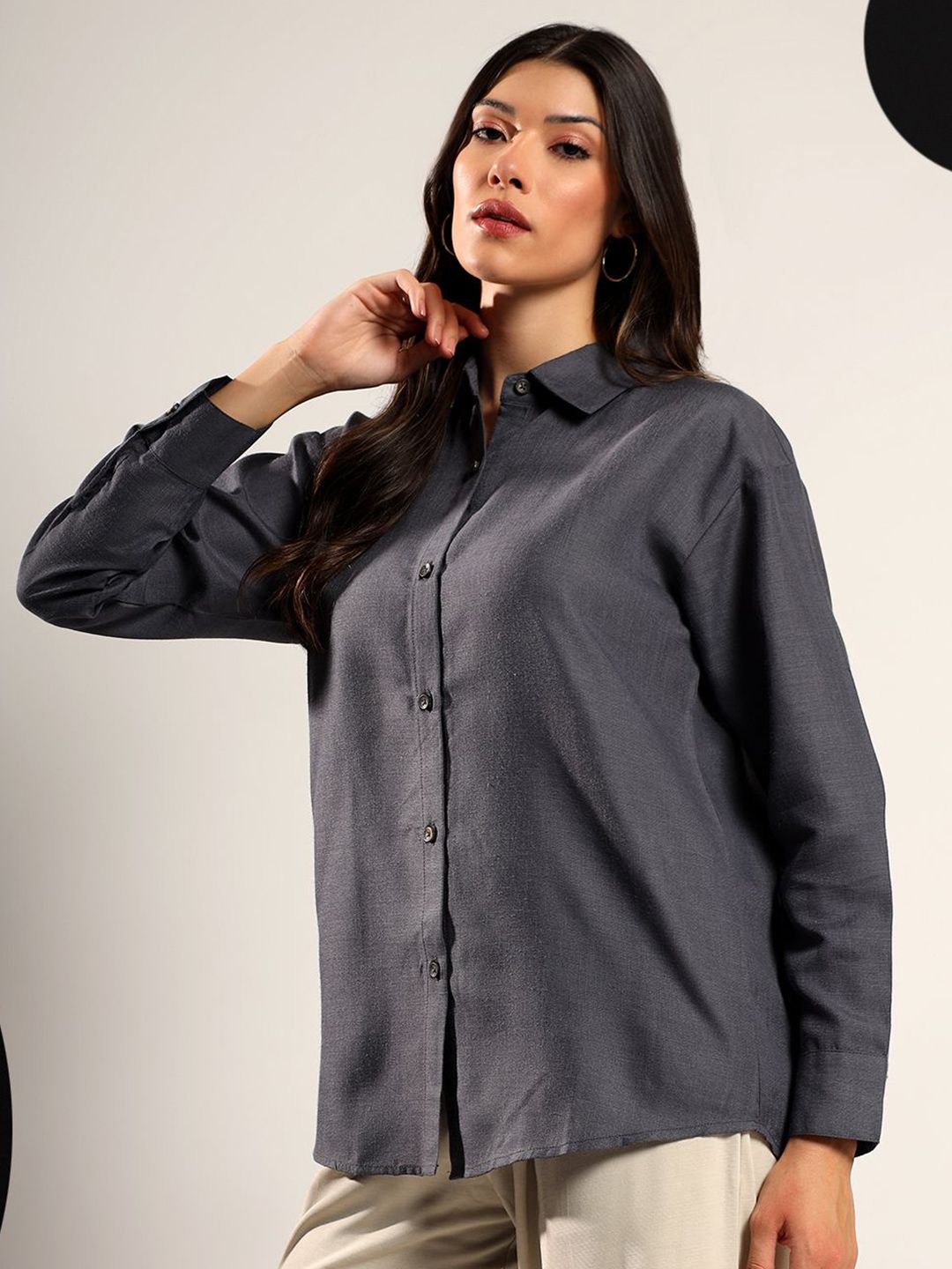 Kotty Women Relaxed Fit Solid Spread Collar Cotton Casual Shirt