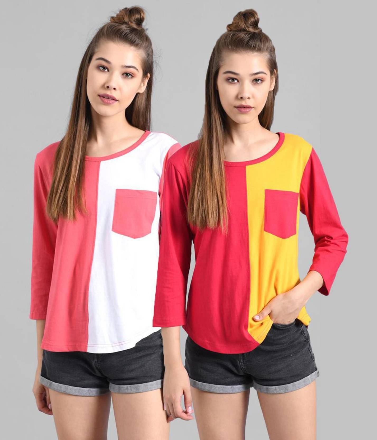 KOTTY Pack of 2 Women Colorblock Round Neck Cotton Blend Multicolor T-Shirt