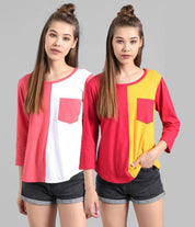 KOTTY Pack of 2 Women Colorblock Round Neck Cotton Blend Multicolor T-Shirt