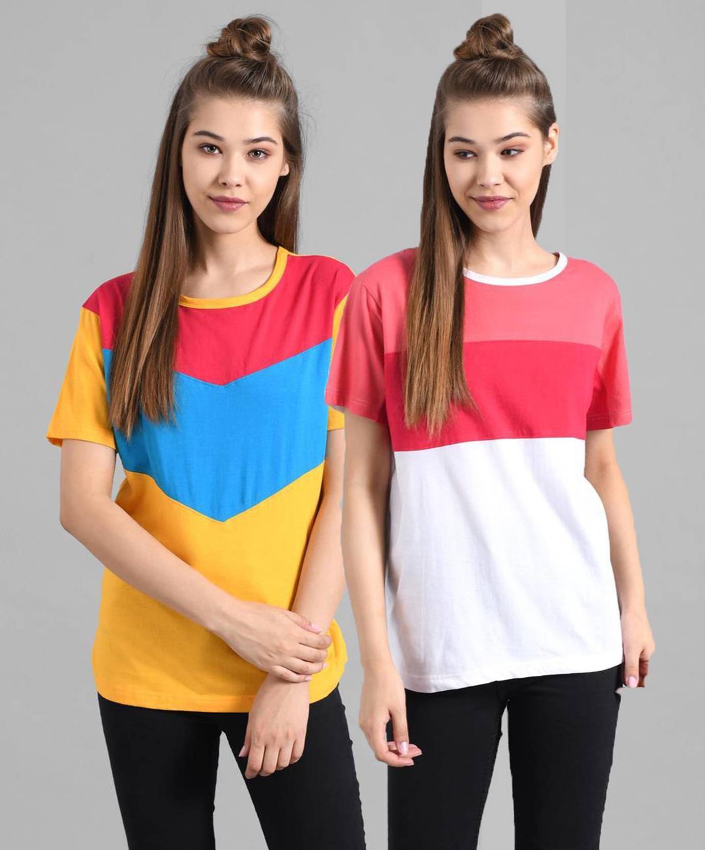 KOTTY Pack of 2 Women Colorblock Round Neck Cotton Blend Multicolor T-Shirt