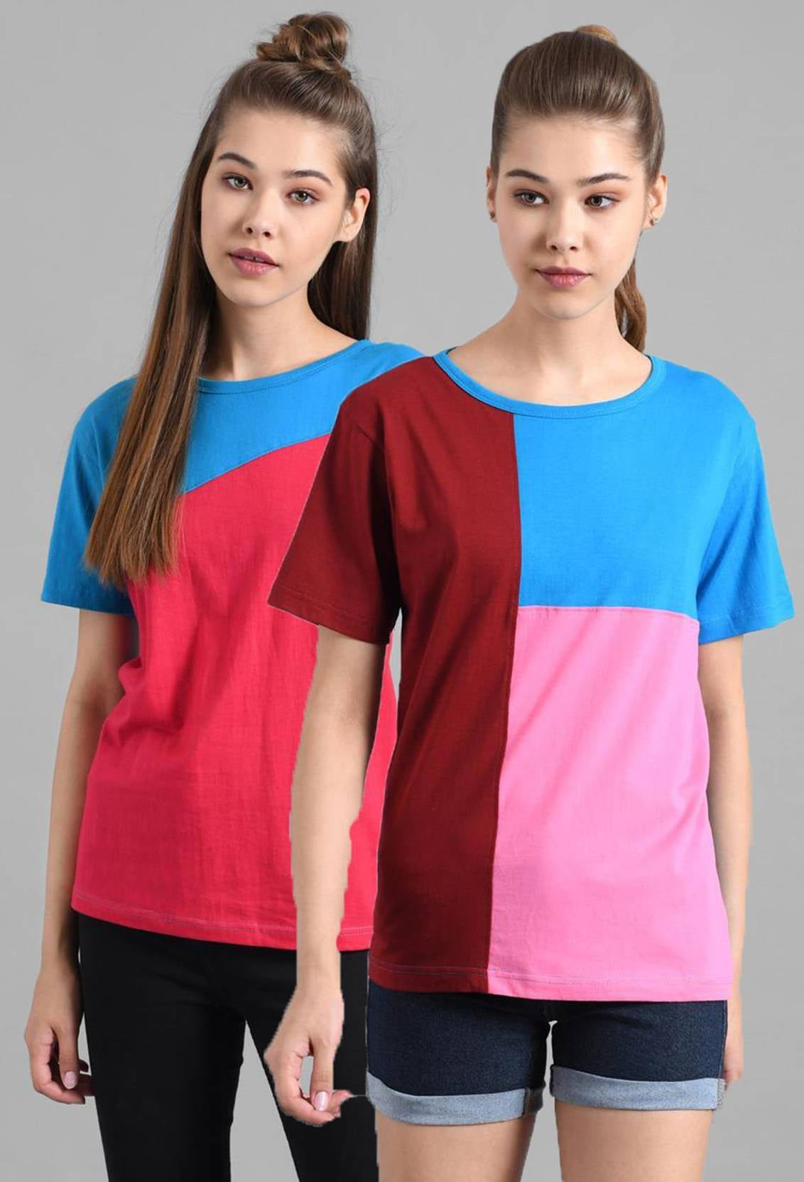 kotty Pack of 2 Women Colorblock Round Neck Cotton Blend Multicolor T-Shirt