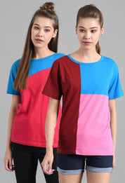kotty Pack of 2 Women Colorblock Round Neck Cotton Blend Multicolor T-Shirt