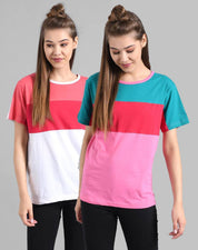 KOTTY Pack of 2 Women Colorblock Round Neck Cotton Blend Multicolor T-Shirt