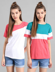KOTTY Pack of 2 Women Colorblock Round Neck Cotton Blend Multicolor T-Shirt