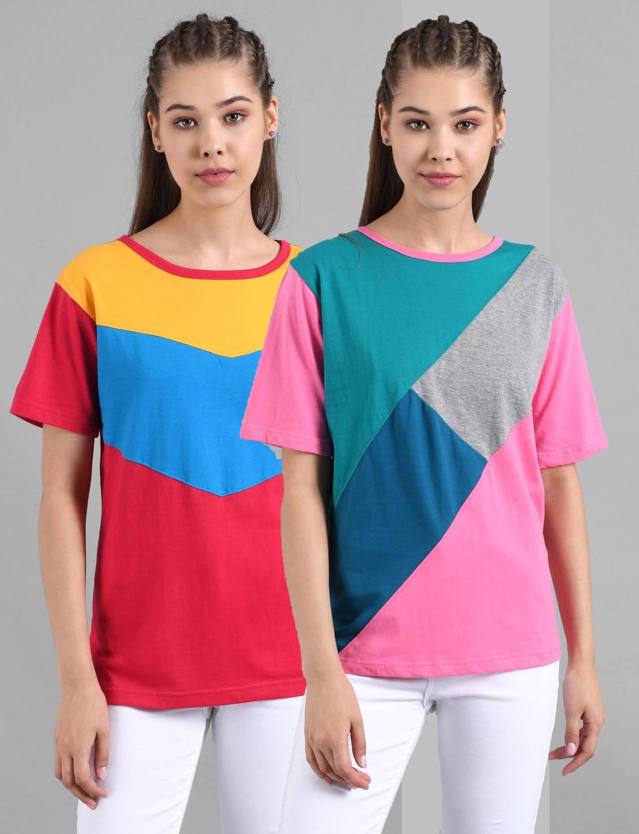 KOTTY Pack of 2 Women Colorblock Round Neck Cotton Blend Multicolor T-Shirt