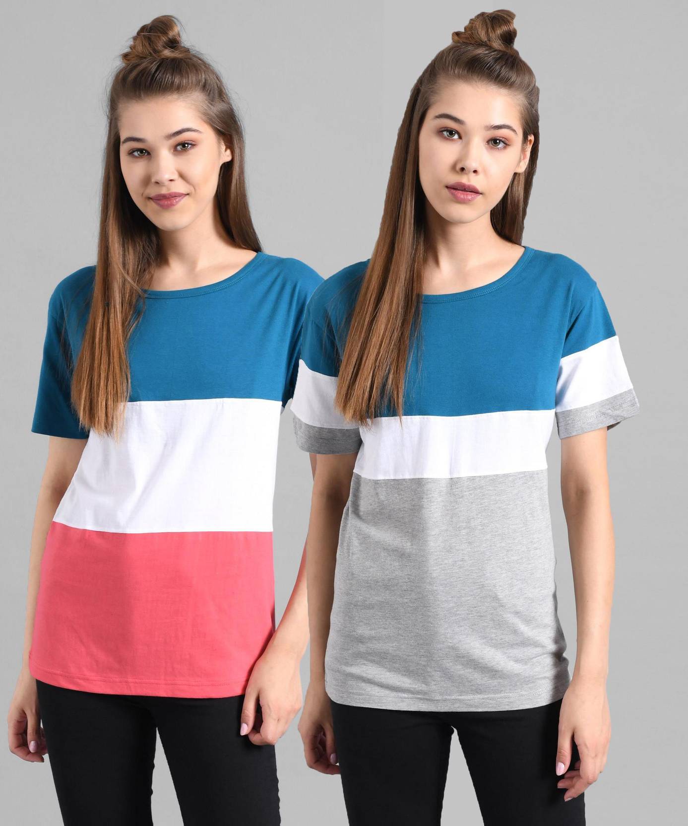 KOTTY Pack of 2 Women Colorblock Round Neck Cotton Blend Multicolor T-Shirt
