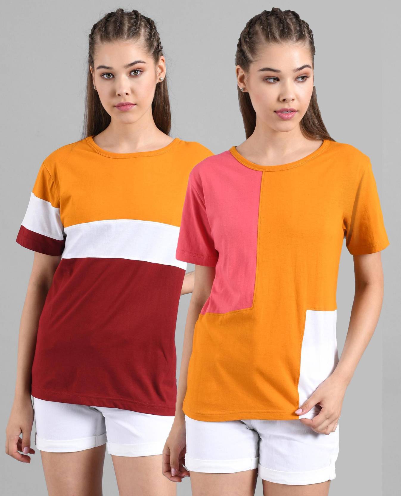 KOTTY Pack of 2 Women Colorblock Round Neck Cotton Blend Multicolor T-Shirt