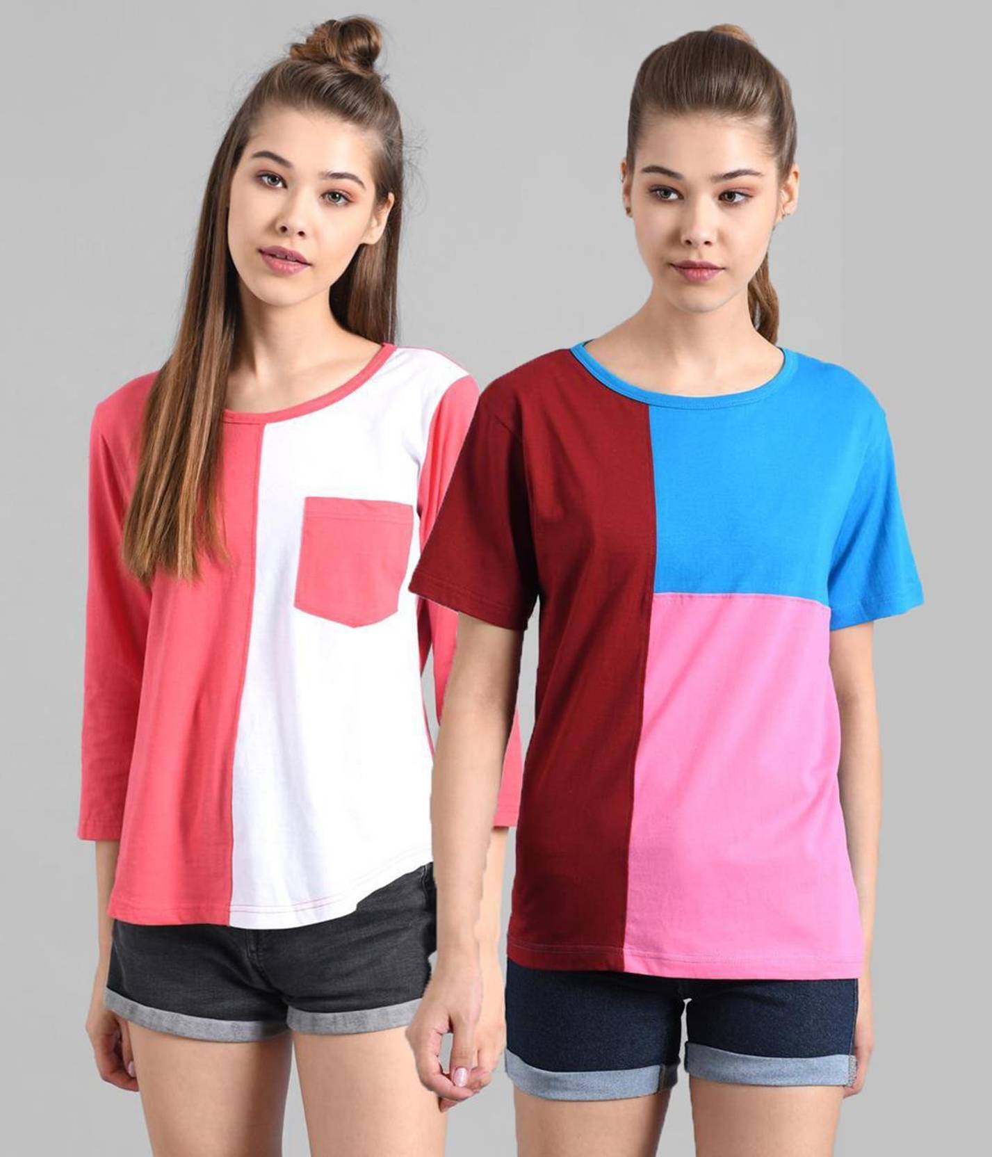 KOTTY Pack of 2 Women Colorblock Round Neck Cotton Blend Multicolor T-Shirt