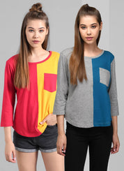 KOTTY Pack of 2 Women Colorblock Round Neck Cotton Blend Multicolor T-Shirt