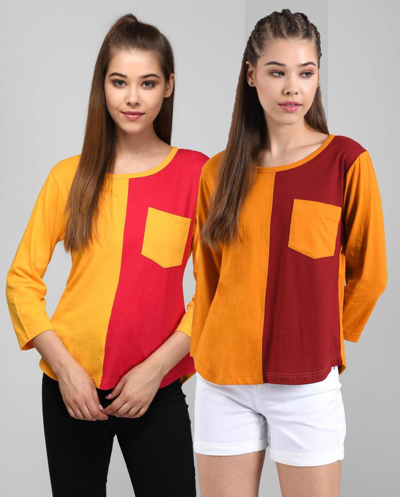 KOTTY Pack of 2 Women Colorblock Round Neck Cotton Blend Multicolor T-Shirt