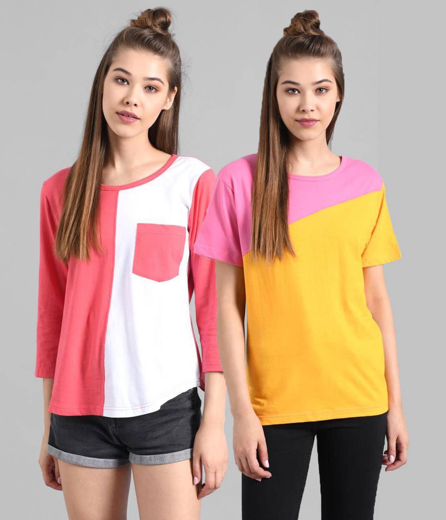 KOTTY Pack of 2 Women Colorblock Round Neck Cotton Blend Multicolor T-Shirt