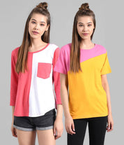 KOTTY Pack of 2 Women Colorblock Round Neck Cotton Blend Multicolor T-Shirt