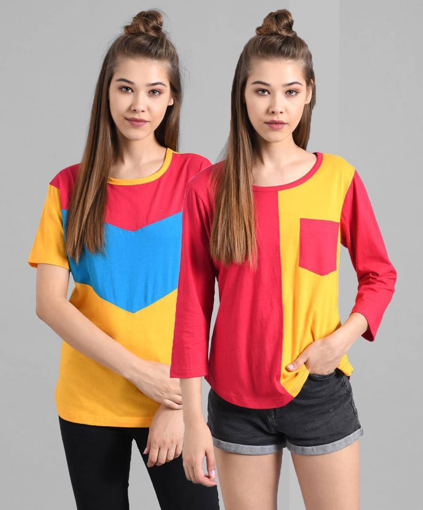 KOTTY Pack of 2 Women Colorblock Round Neck Cotton Blend Multicolor T-Shirt ₹849₹99915% off i