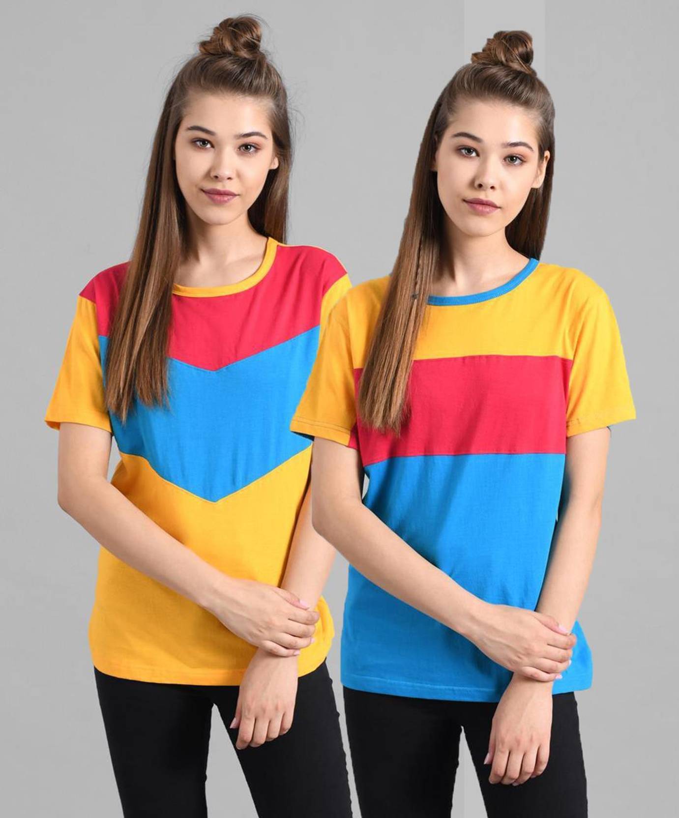 KOTTY Pack of 2 Women Colorblock Round Neck Cotton Blend Multicolor T-Shirt