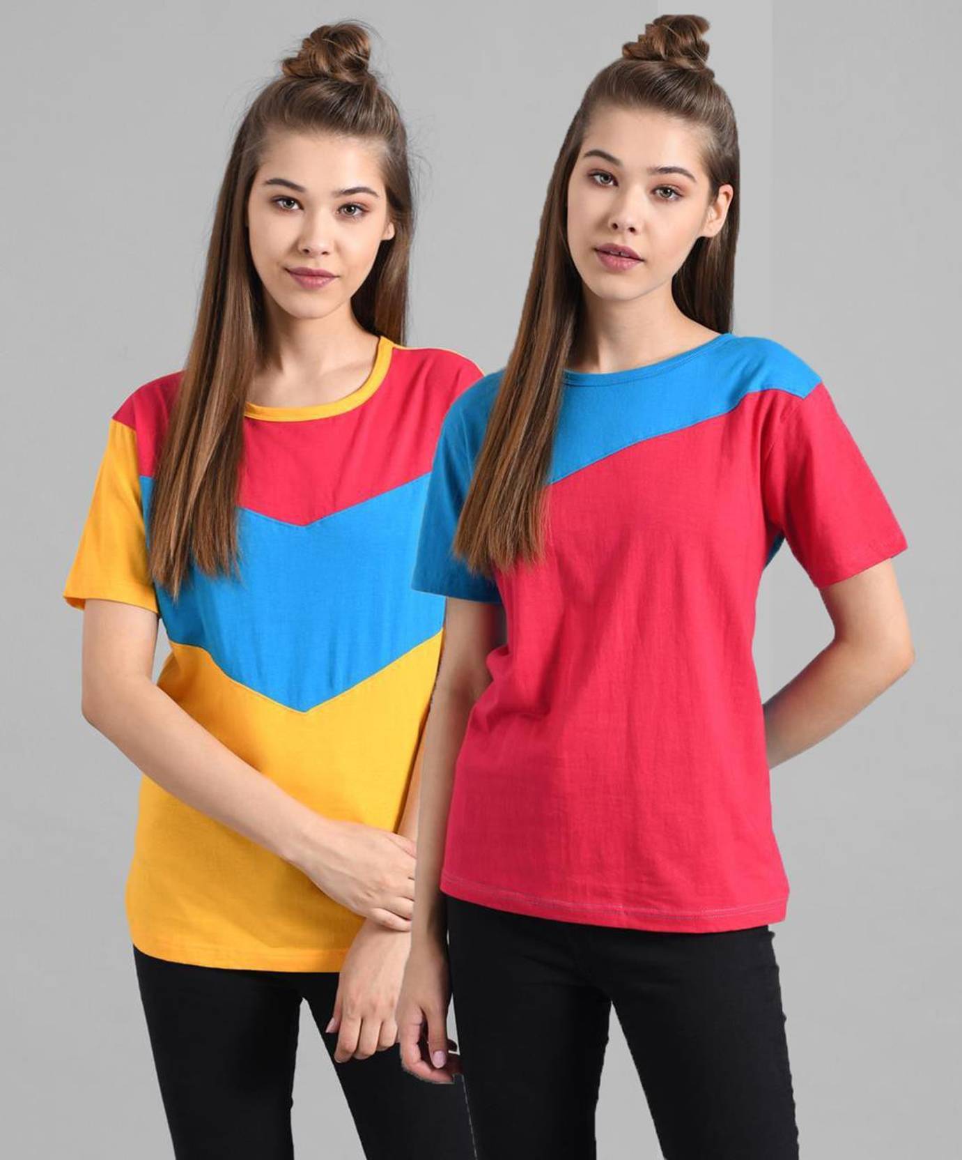 KOTTY Pack of 2 Women Colorblock Round Neck Cotton Blend Multicolor T-Shirt