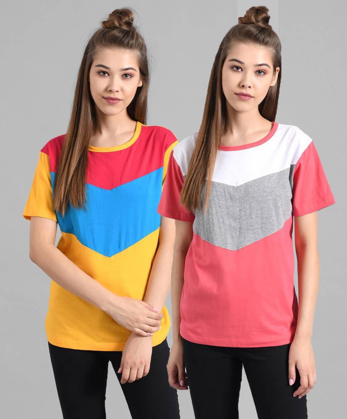 KOTTY Pack of 2 Women Colorblock Round Neck Cotton Blend Multicolor T-Shirt