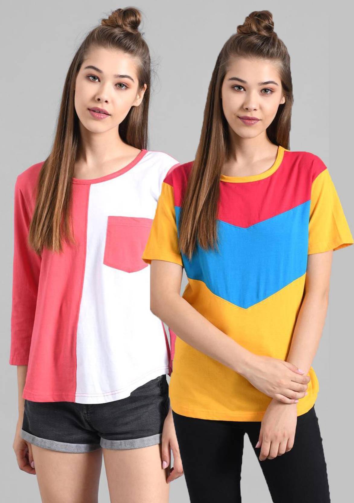 KOTTY Pack of 2 Women Colorblock Round Neck Cotton Blend Multicolor T-Shirt