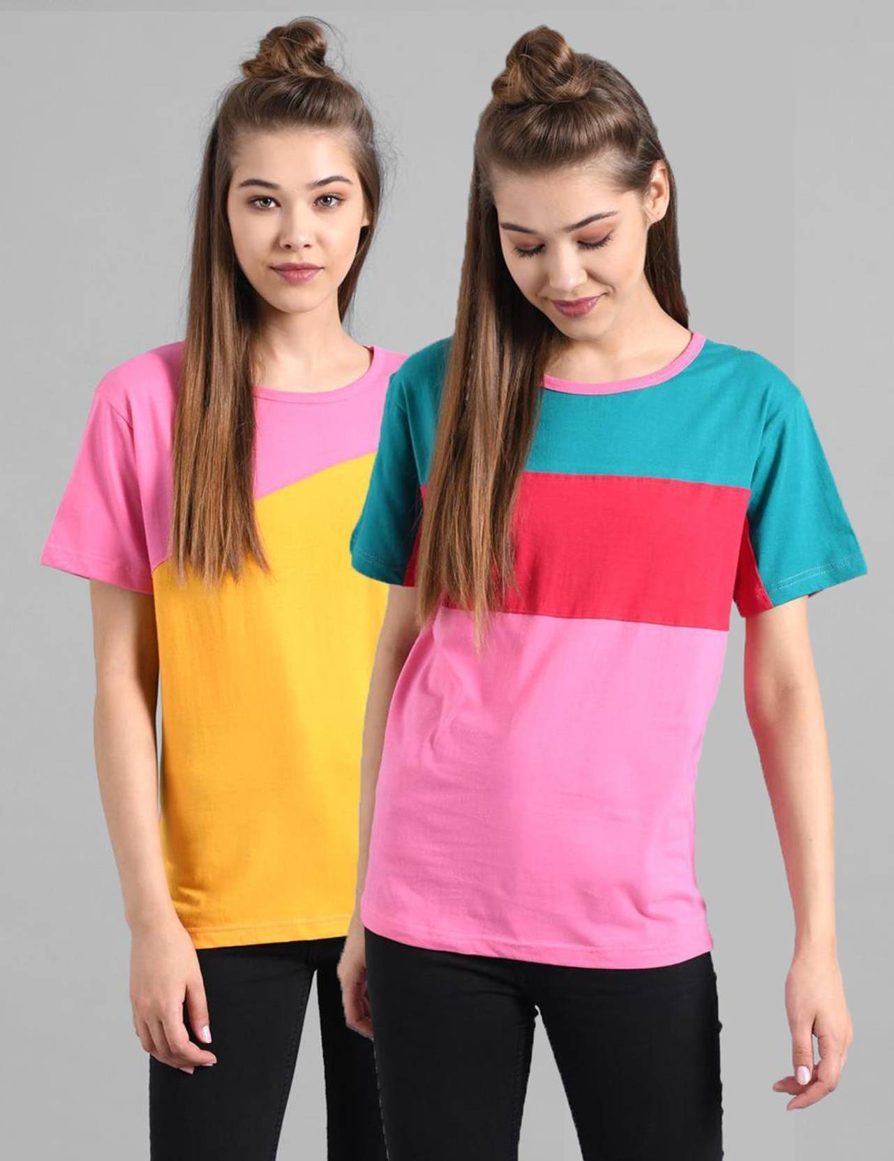 KOTTY Pack of 2 Women Colorblock Round Neck Cotton Blend Multicolor T-Shirt