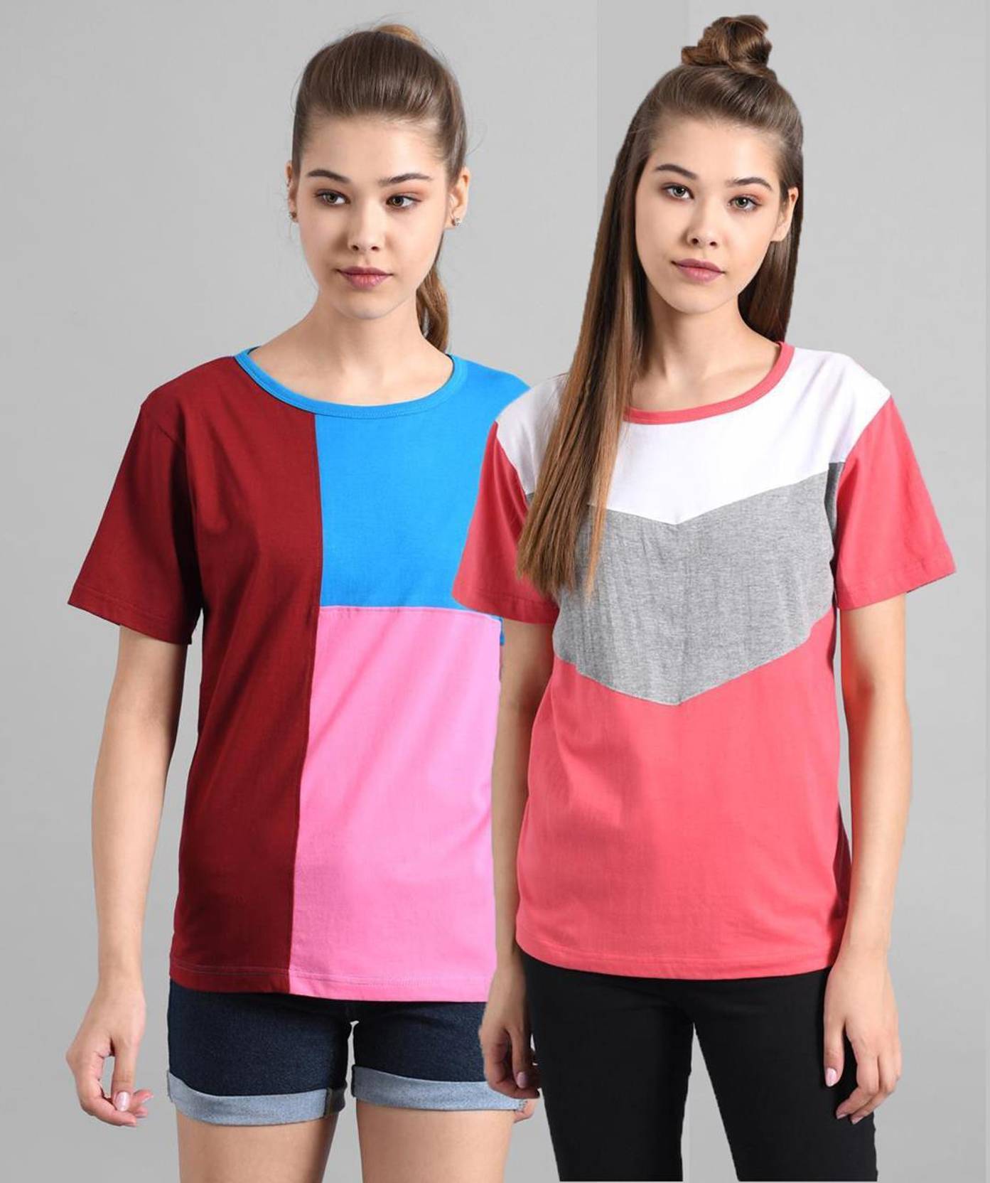 KOTTY Pack of 2 Women Colorblock Round Neck Cotton Blend Multicolor T-Shirt