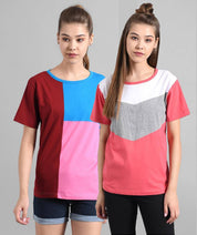 KOTTY Pack of 2 Women Colorblock Round Neck Cotton Blend Multicolor T-Shirt