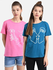 KOTTY Pack of 2 Women Printed Round Neck Cotton Blend Multicolor T-Shirt