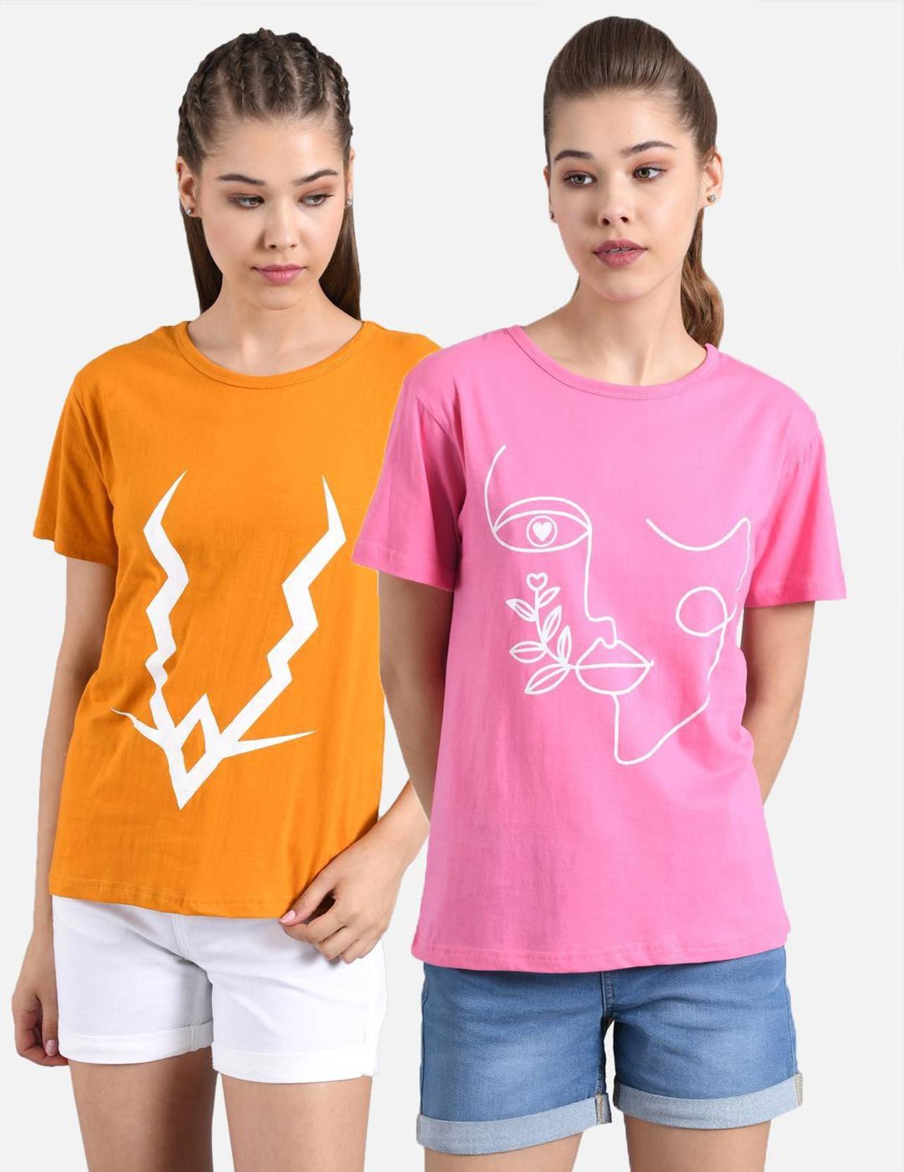 KOTTY Pack of 2 Women Printed Round Neck Cotton Blend Multicolor T-Shirt