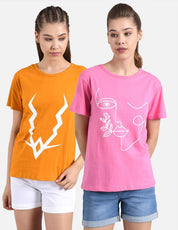 KOTTY Pack of 2 Women Printed Round Neck Cotton Blend Multicolor T-Shirt