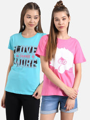KOTTY Pack of 2 Women Printed Round Neck Cotton Blend Multicolor T-Shirt