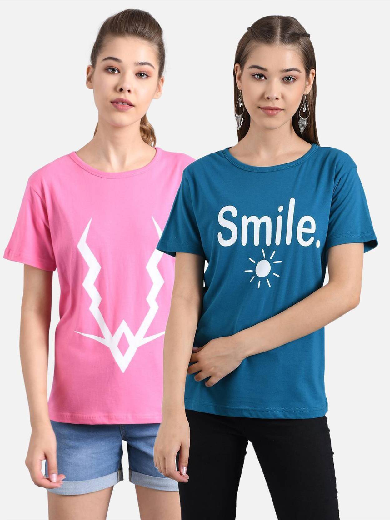 KOTTY Pack of 2 Women Printed Round Neck Cotton Blend Multicolor T-Shirt