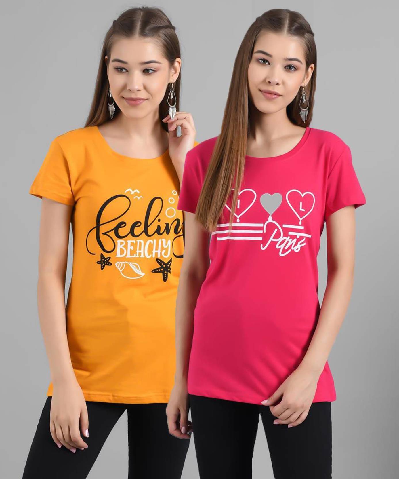KOTTY Pack of 2 Women Printed Round Neck Pure Cotton Multicolor T-Shirt