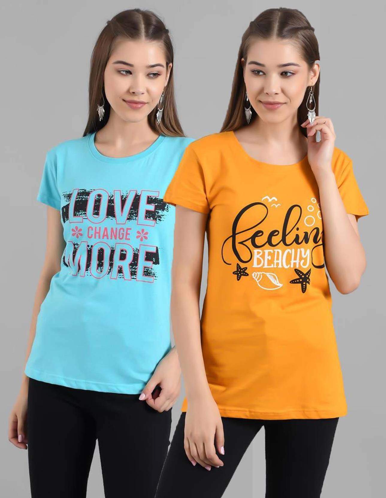 KOTTY Pack of 2 Women Printed Round Neck Pure Cotton Multicolor T-Shirt