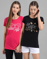 KOTTY Pack of 2 Women Printed Round Neck Pure Cotton Multicolor T-Shirt