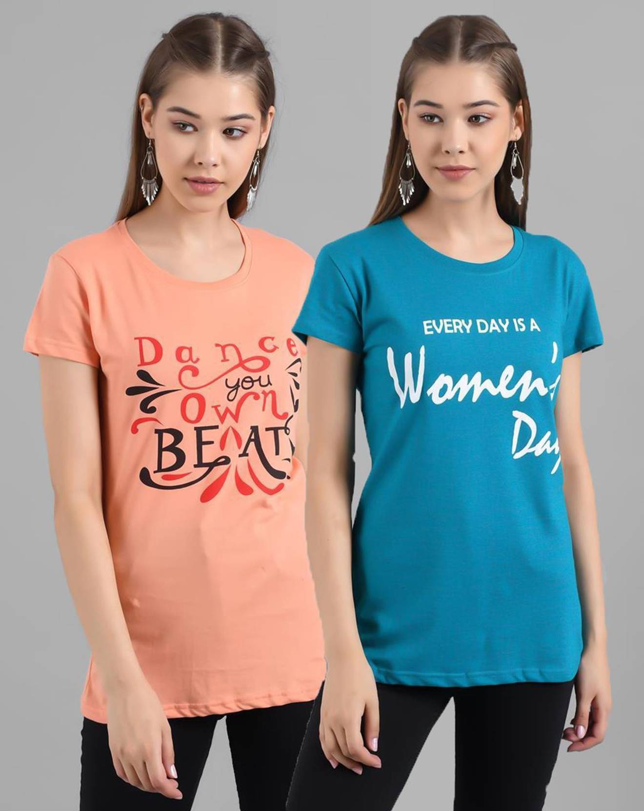 KOTTY Pack of 2 Women Printed Round Neck Pure Cotton Multicolor T-Shirt