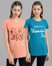 KOTTY Pack of 2 Women Printed Round Neck Pure Cotton Multicolor T-Shirt