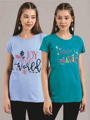 KOTTY Pack of 2 Women Printed Round Neck Pure Cotton Multicolor T-Shirt