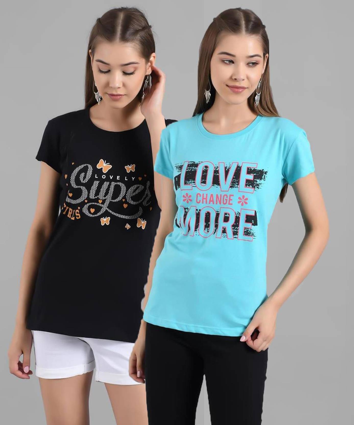 KOTTY Pack of 2 Women Printed Round Neck Pure Cotton Multicolor T-Shirt