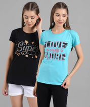 KOTTY Pack of 2 Women Printed Round Neck Pure Cotton Multicolor T-Shirt