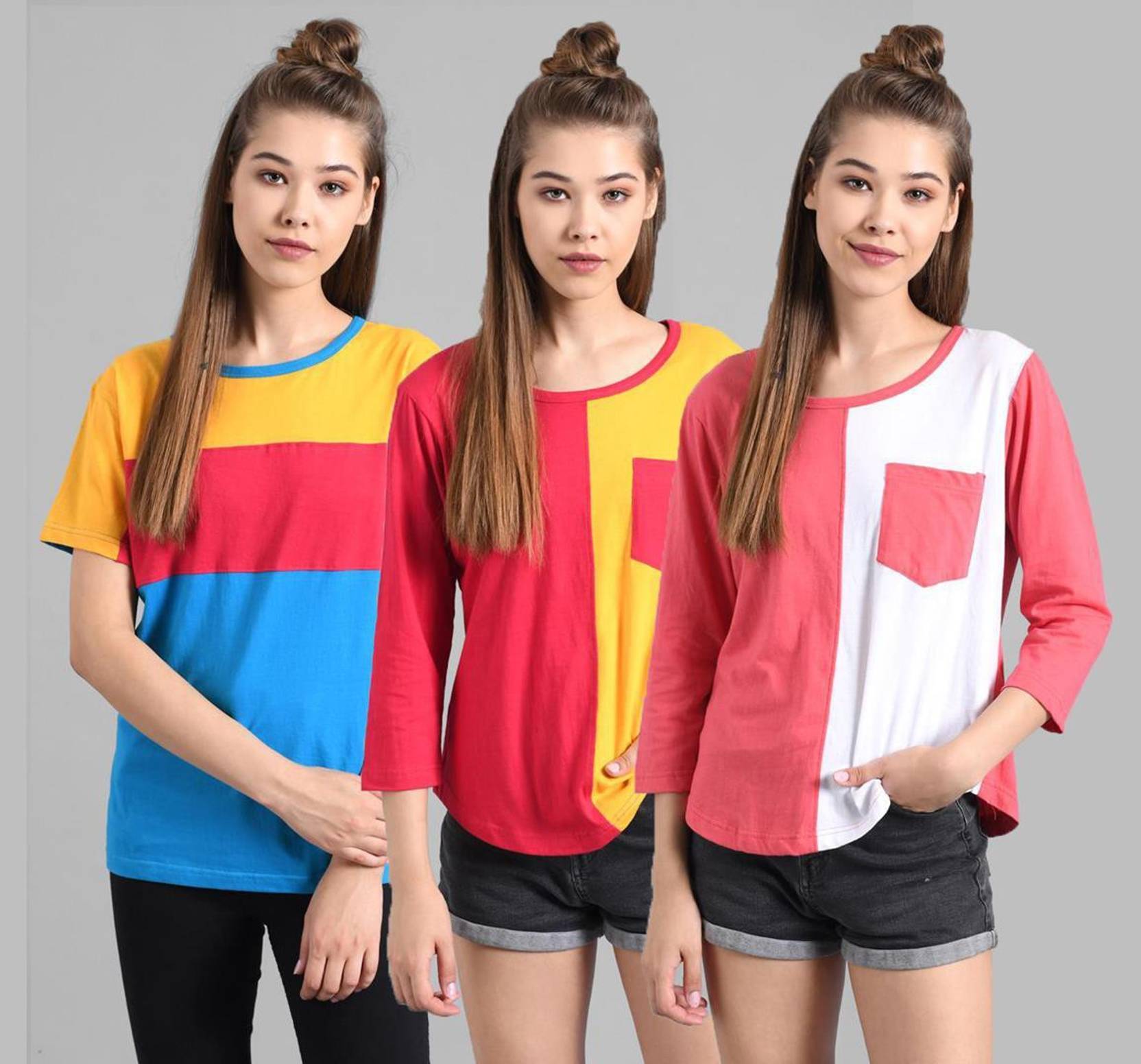 KOTTY Pack of 3 Women Colorblock Round Neck Cotton Blend Multicolor T-Shirt