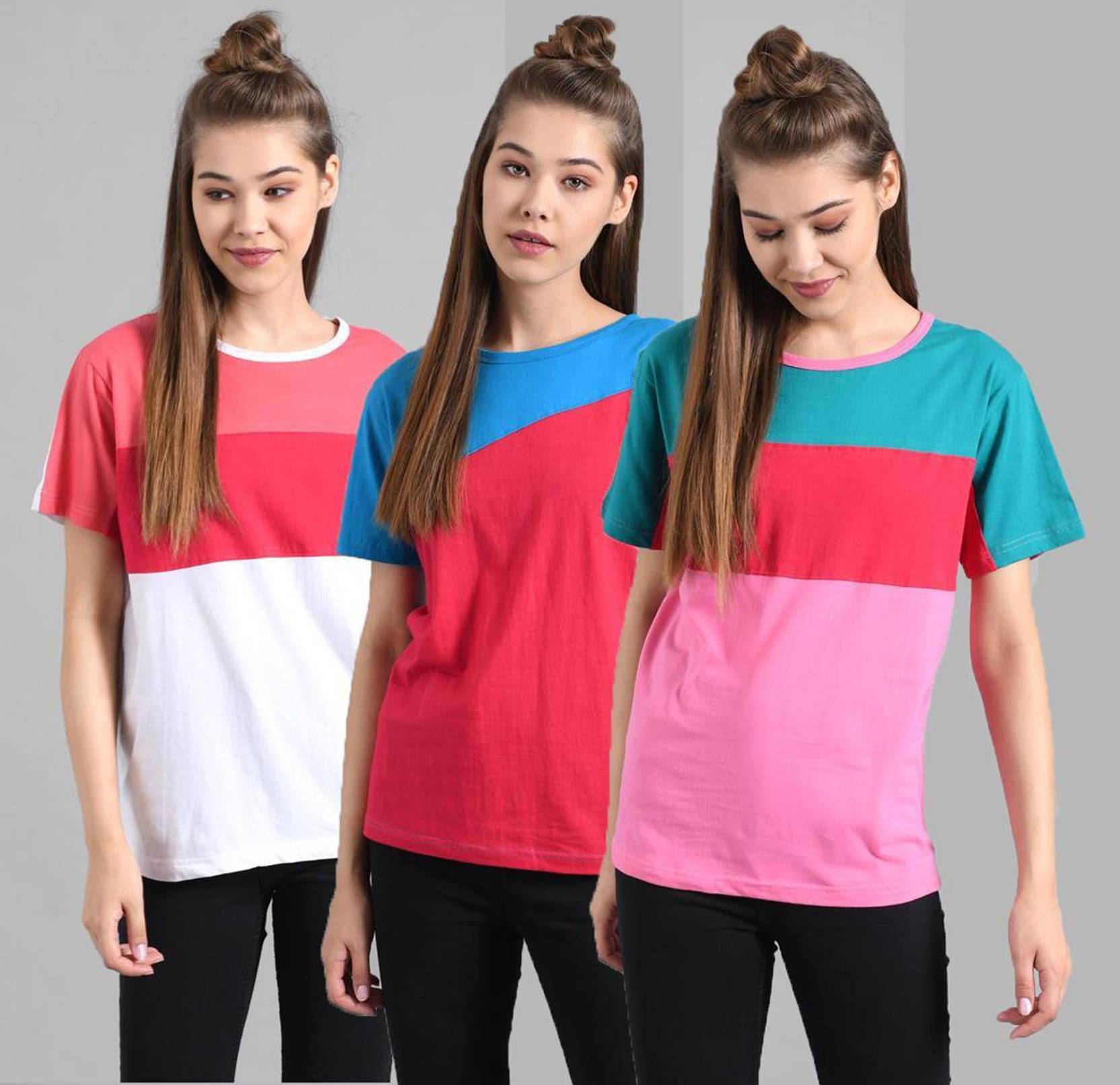 KOTTY Pack of 3 Women Colorblock Round Neck Cotton Blend Multicolor T-Shirt