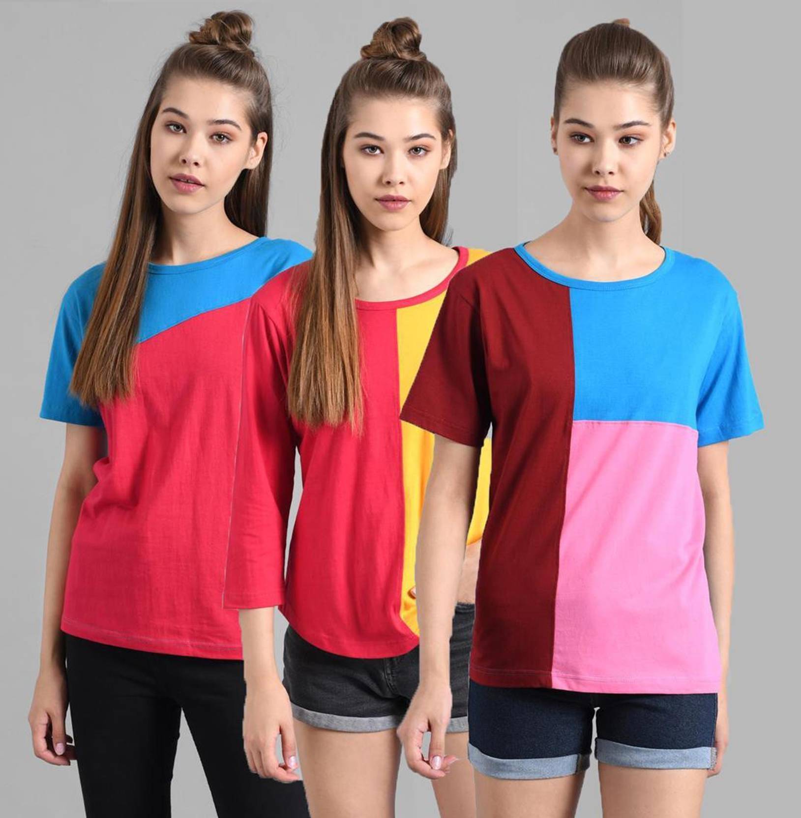 KOTTY Pack of 3 Women Colorblock Round Neck Cotton Blend Multicolor T-Shirt