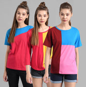 KOTTY Pack of 3 Women Colorblock Round Neck Cotton Blend Multicolor T-Shirt