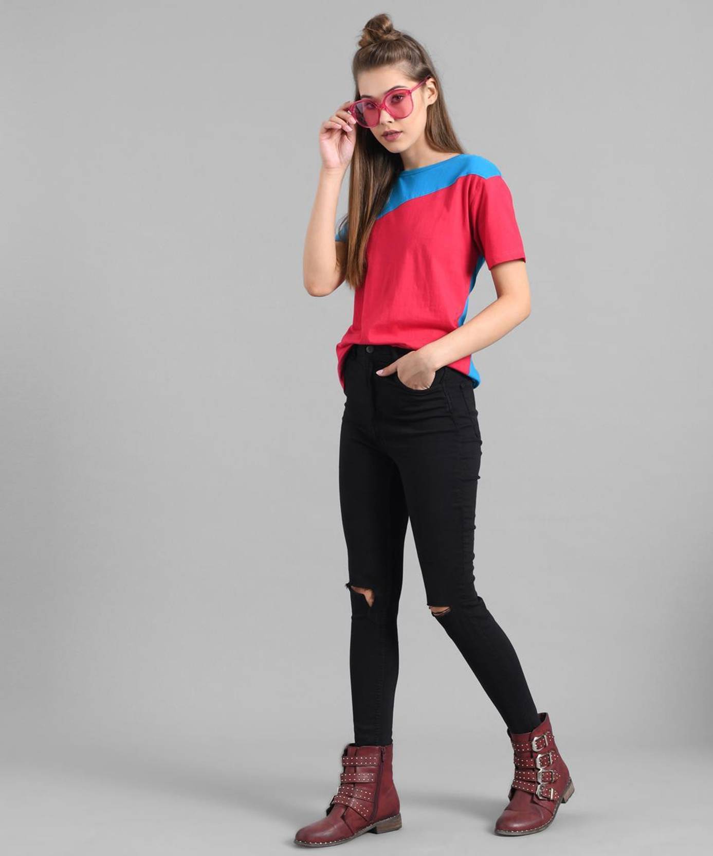 KOTTY Pack of 3 Women Colorblock Round Neck Cotton Blend Multicolor T-Shirt