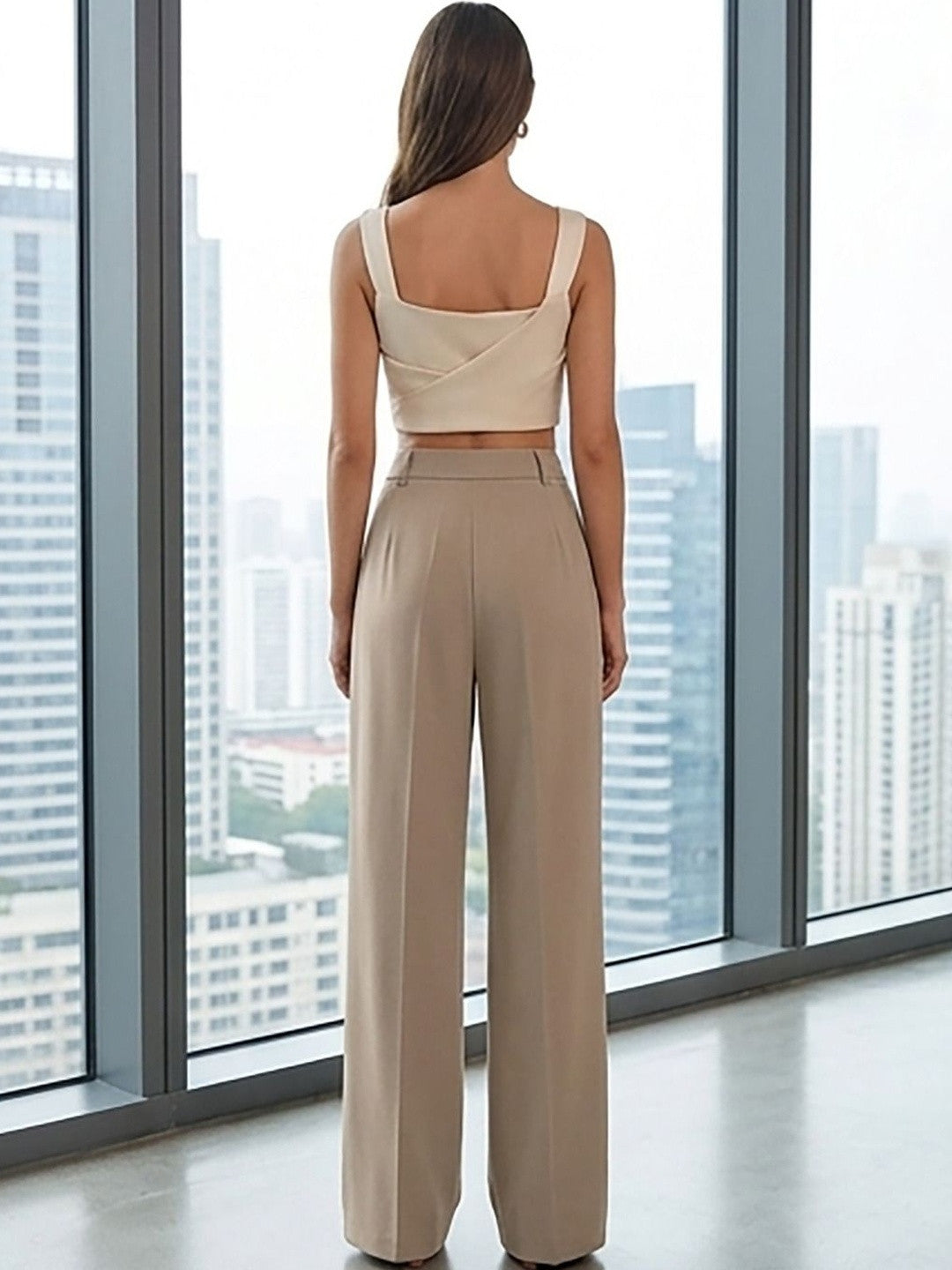Beige Regular Fit High-Rise Trousers for Women | Kotty
