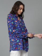 Kotty Women Spread Collar Abstract Printed Cotton Oversized Casual Shirt