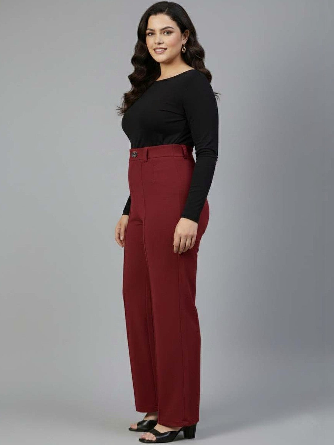 Red Regular Fit High-Rise Trousers for Women – Modern Solid Design | Kotty