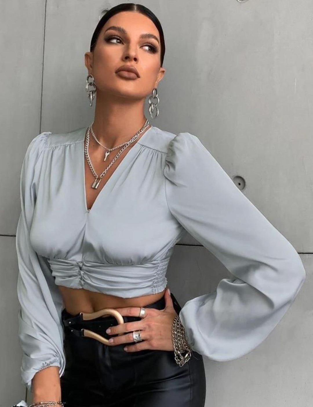 Kotty Women Bishop Sleeves Satin V-Neck Wrap Crop Top