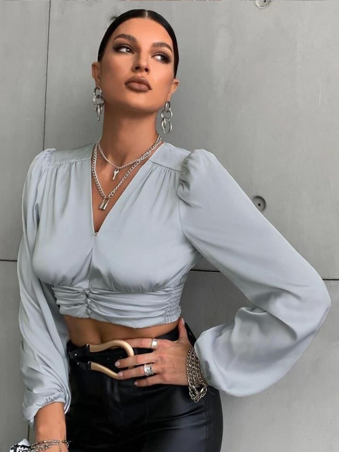 Kotty Women Bishop Sleeves Satin V-Neck Wrap Crop Top