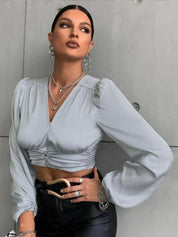 Kotty Women Bishop Sleeves Satin V-Neck Wrap Crop Top