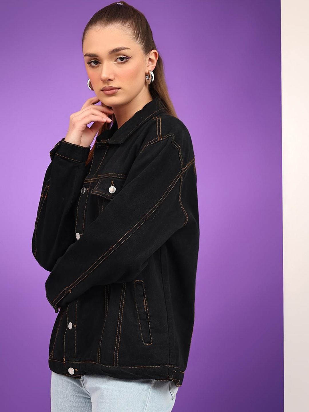 Kotty Women Spread Collar Solid Casual Denim Jacket